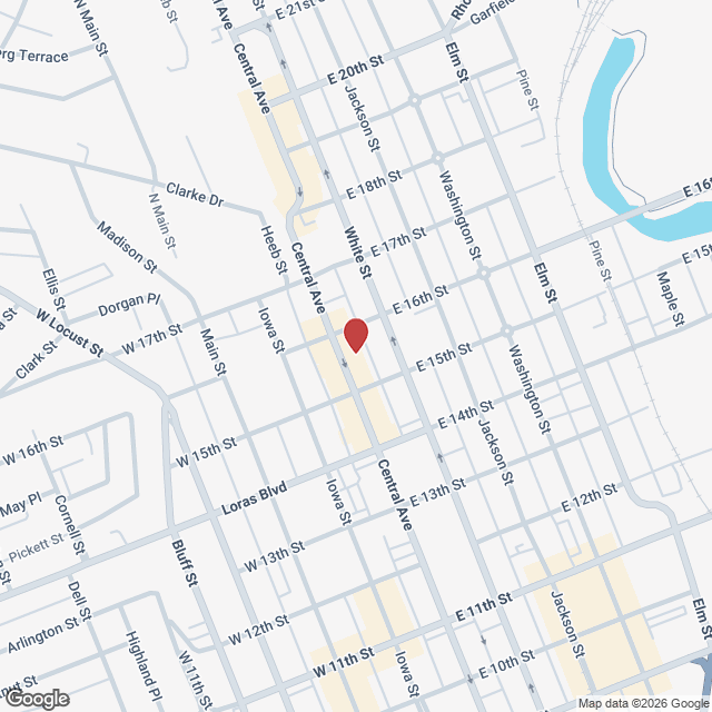 Street map of central Dubuque with a pin marking Bloom Tattoo at 1540 Central Avenue.